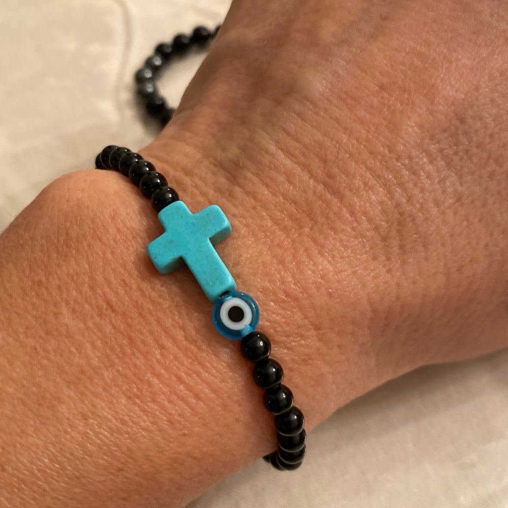 Genuine black onyx, turquoise, pearl /Evil Eye bracelet high quality - Picture 2 of 9
